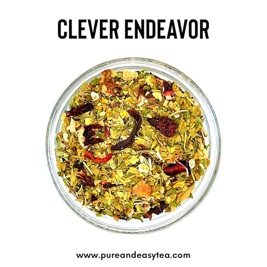 Pure And Easy Tea, Clever Endeavor, Natural Focus & Mental Clarity Tea, Caffeinated Loose Leaf Blend with Ginkgo Biloba & Yerba Mate, 30-Day Supply, 100g