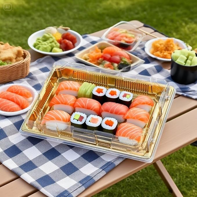 10 Pack Gold Rectangular Sushi Containers with Clear Lids – Disposable Plastic Food Boxes for Party, Takeout & Catering – Elegant, Stackable Trays for Sushi, Snacks & Desserts(Model No.1101)