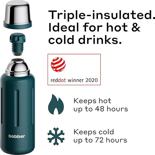 BOBBER 34 oz Stainless Steel Travel Thermos for Hot and Cold Drinks – Dishwasher Safe Metal Water Bottle with Cup Lid – Keeps Hot for 48 Hours – BPA-Free, Vacuum Insulated (Deep Teal)
