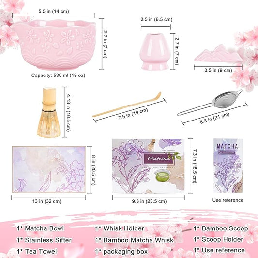 Matcha Whisk Set, Matcha Set 7 Pieces - Ceramic Matcha Bowl with Spout, Bamboo Chasen Whisk & Holder, Scoop, Sifter, Tea Towel - Complete Kit for Matcha Tea Ceremony, Latte, Ideal Gift(Pink)