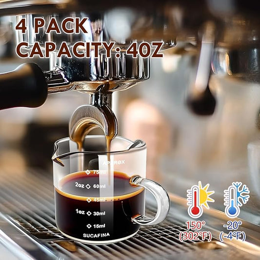 Espresso Cups 4-Piece set, 4 OZ Double Spout Cup with Handle, Espresso Shot Glass with V-Shaped Spout for Espresso Machine, Milk Cup (Espresso Cup Graduated)