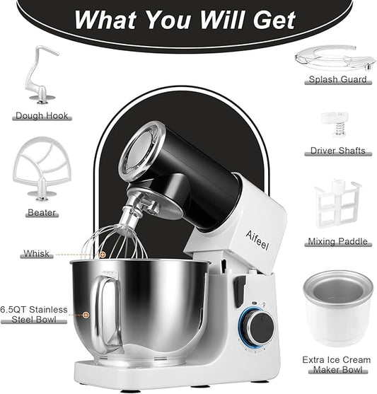 Aifeel Stand Mixer,6.5QT Kitchen Electric Mixer with 2QT Ice Cream Maker Bowl, 6 in 1 Multifunctional Bread Dough Mixer with Dough Hook,Whisk & Beater, Food Mixer for Baking (Black-White)