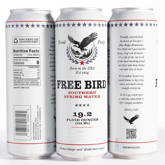 Free Bird, Southern Spring Water, 12-Pack (19.2oz Tallboy Cans) – Crisp & Clean Blue Ridge Mountain Water, Naturally Sourced