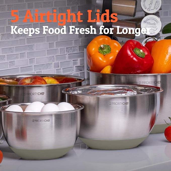Priority Chef Premium Mixing Bowls With Airtight Lids Set, Thicker Stainless Steel Mixing Bowl Set, Large Prep Metal Bowls with Lids, Nesting Bowls for Kitchen, 1.5/2/3/4/5 Qrt, Khaki