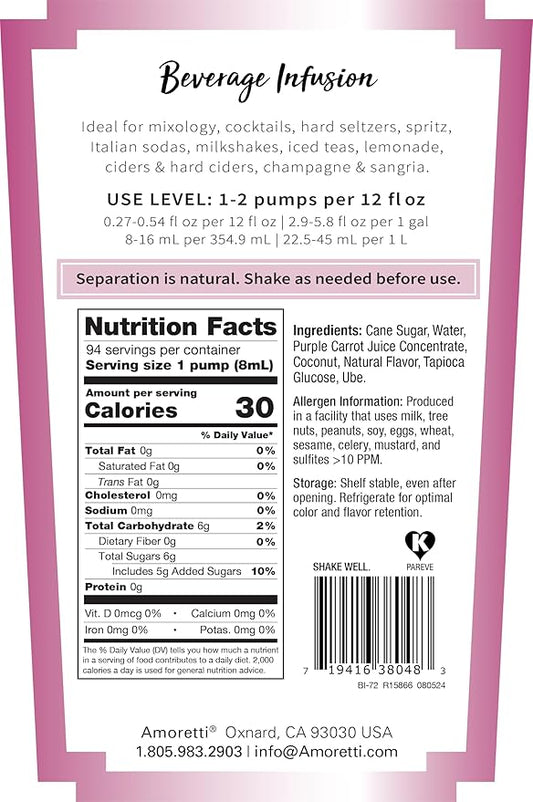 Amoretti - Coconut Ube Beverage Infusion, 94 Servings Per Bottle (750 ml) - Drink Mix & Water Enhancer with Pump for Flavoring Cocktails, Waters, Teas, and other Beverages, Preservative Free