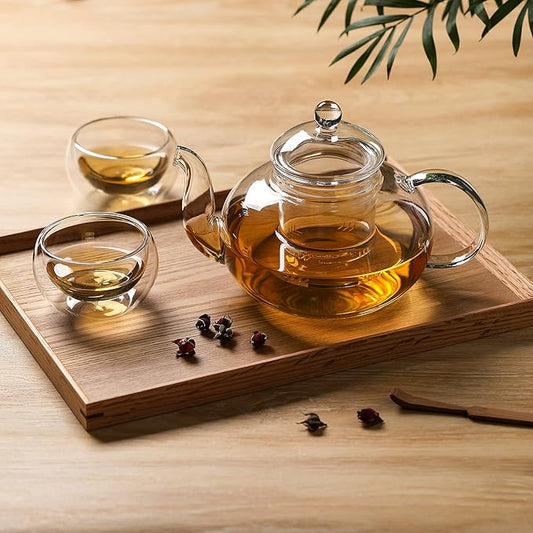 CnGlass 33.8oz Glass Teapot with Removable Infuser,Stovetop Safe Tea Kettle with 4-Pack Glass Teacups 3.4oz and Tea Warmer 5.3 in/13.5cm Diameter