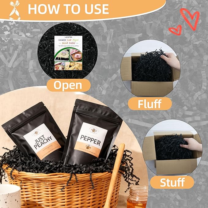LWWTBS Crinkle Cut Paper 7oz Shredded Packing Grass Cushion Paper for Gift Baskets Christmas Wedding Birthday Bridesmaid Engagement Craft Gift boxes Bags Filler (Black)