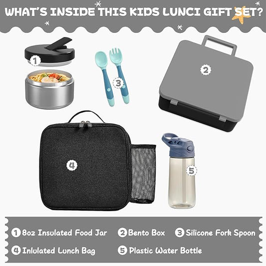 Kids Bento Lunch Box with 8oz Soup Thermo, Water Bottle, Kids Leakproof Lunch Food Containers with 4 Compartment, Insulated Hot Food Jar with Lunch Bag for School, Trvael (Black)