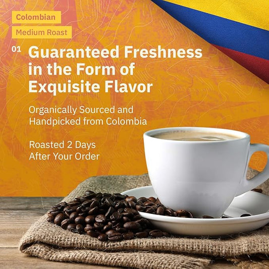 Colombian Medellín Whole Bean Coffee - Single Origin Medium Roast Coffee Beans, Freshly Roasted To Order Organic Specialty Coffee Beans, Specialty Grade, Fair Trade and Non-GMO, Chocolate & Berry Notes - 12 oz