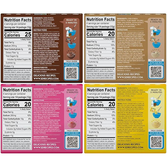Simply Desserts Vanilla, Strawberry, Banana & Chocolate Instant Pudding, Sugar-Free, Variety 12-Pack – Gluten-Free Dessert, Keto Snacks, Diabetic Friendly & Kosher, 1.7 Oz Ea