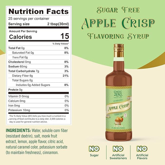 ChocZero Apple Crisp Flavoring Syrup, Sugar Free, Apple Crisp Flavor, Keto Friendly, Gluten Free, Vegan, Prebiotic Fiber, Concentrated Coffee & Beverage Syrup – 25.4 Fluid Ounces