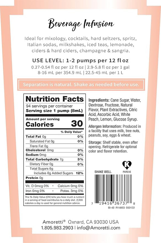 Amoretti - White Peach Lemonade Beverage Infusion Drink Mix & Water Enhancer with Pump for Flavoring Cocktails, Waters, Tea, and other Beverages, 94 Servings Per Bottle (750 ml), Preservative Free