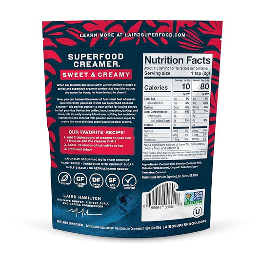 Laird Superfood Non-Dairy Superfood Creamer - Coconut Powder Coffee Creamer - Sweet & Creamy - Gluten Free, Non-GMO, Vegan - 8 oz. Bag, Pack of 1