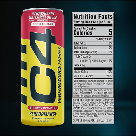 C4 Energy Drink 12oz (Pack of 12) - Strawberry Watermelon Ice - Sugar Free Pre Workout Performance Drink with No Artificial Colors or Dyes