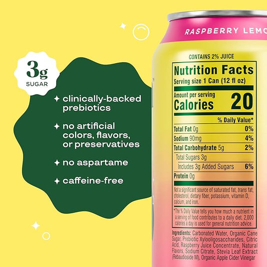 Bloom Pop Prebiotic Soda 12 Pack, Raspberry Lemonade Flavor, 12oz Cans | Prebiotic Soda for Gut Health, Low Calorie Soda, No Caffeine, Healthy Soft Drink Alternative
