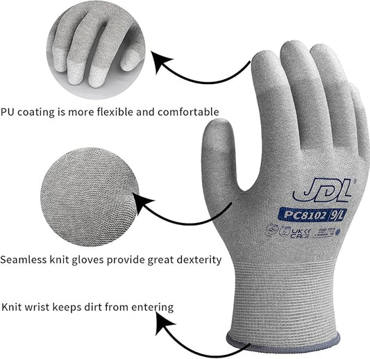 JDL ESD Work Gloves, Anti-Static Gloves for PC Building, 12 pairs, Computer Installation & Repair, High Resistance Carbon Fiber Gloves, Large