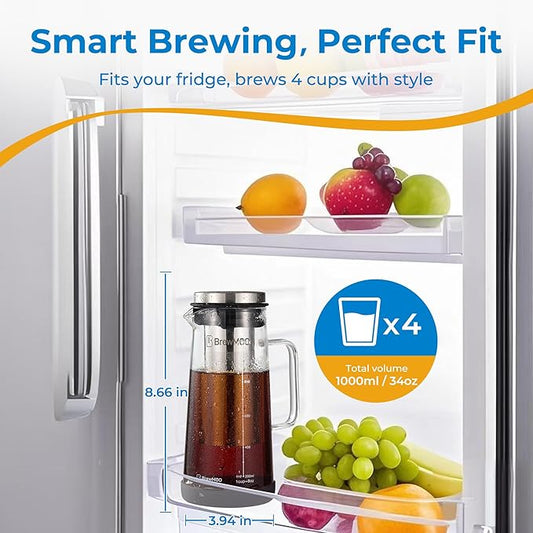 Sleek Cold Brew Coffee Pitcher & Iced Tea Maker - 1.0L/34oz Borosilicate Glass Carafe with Stainless Steel Filter, Sealed Lid & Integrated Handle, Dishwasher Safe (Black)