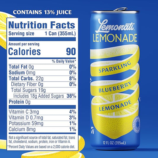 Lemonati Lemonade Sparkling Blueberry Lemonade, No Artificial Sweeteners or Flavoring, Gluten-Free, Kosher, Non-GMO, Vegan, 12 Fl Oz Slim Cans, Pack Of 24, Blueberry Lemonade, 12 Fl Oz (Pack of 24)