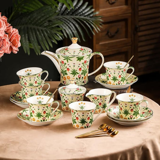 ACMLIFE Tea Set for Adults- Fine China Tea Set for 6, 21-Piece Vintage Coffee Set English Porcelain Tea Pot Sets for Adult Tea Party for Women Gift (Yellow ZF, Extra Large 21)
