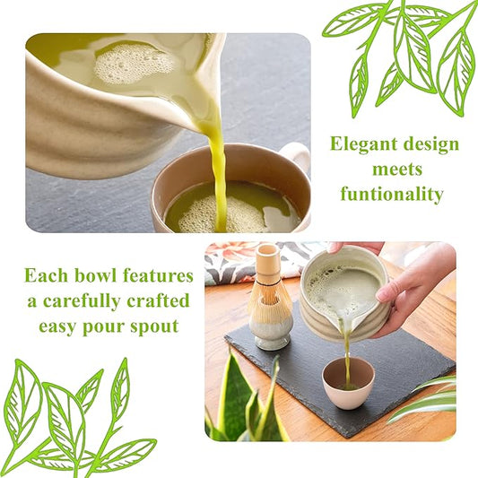Marce Matcha Whisk Set- Matcha Set includes Matcha Whisk and Bowl (Bowl with Spout), Sifter, Holder and Scoop- The Perfect Bamboo Whisk for Matcha Tea (Molted Green)