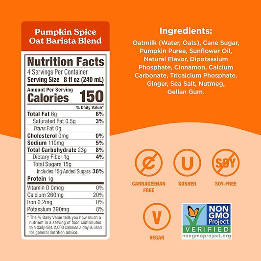 Califia Farms - Pumpkin Spice Oat Barista Blend Oat Milk, 32 Oz (Pack of 6), Shelf Stable, Dairy Free, Plant Based, Vegan, Gluten Free, Non GMO, High Calcium, Milk Frother, Creamer, Oatmilk
