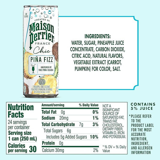 Maison Perrier Chic Pina Fizz Pineapple and Coconut Flavored Sparkling Beverage, Low Calorie, Mocktail, 24-Pack