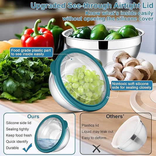 E-far Mixing Bowls with Lids and Graters, Stainless Steel Salad Mixing Bowl with Transparent Lid Set of 3, Metal Nesting Salad Storage for Kitchen Prepping/Serving/Baking, 4.6/2.6/1.5QT - Teal Blue