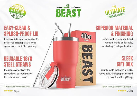 Beast 40 oz Tumbler Stainless Steel Vacuum Insulated Coffee Ice Cup Double Wall Travel Flask (Coral Pink)