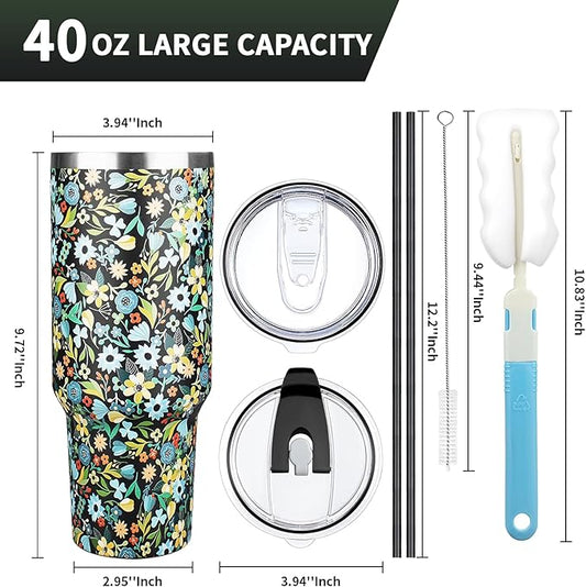 40 oz Tumbler with Lids and Straws, Stainless Steel Insulated Coffee Tumbler, Double Wall Vacuum Insulated Travel Mug Cup, Leakproof Thermal Coffee Cup for Hot and Cold Drinks (Blue Flower)