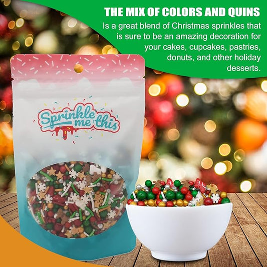 Christmastime Treasures - 12 Oz Resealable Bag - Christmas Themed Sprinkle Mix - Features Snowflake Quins, Santa Boot Quins, Red, Silver, and Green Pearls and More - Ice Cream and Cake Sprinkles