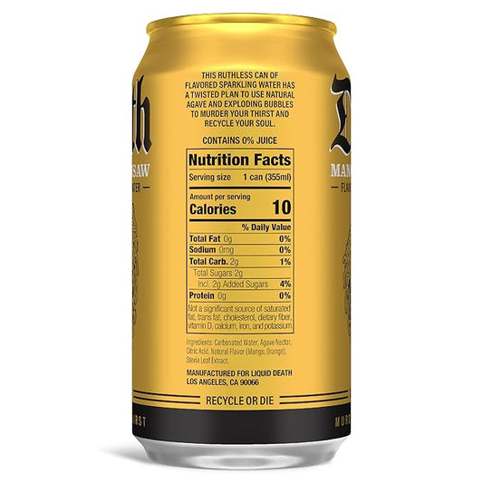 Liquid Death, Mango Chainsaw, Soda-Flavored Sparkling Water, 12-Pack (12oz Cans), Low Sugar, Huge Flavor & No Artificial Sweeteners