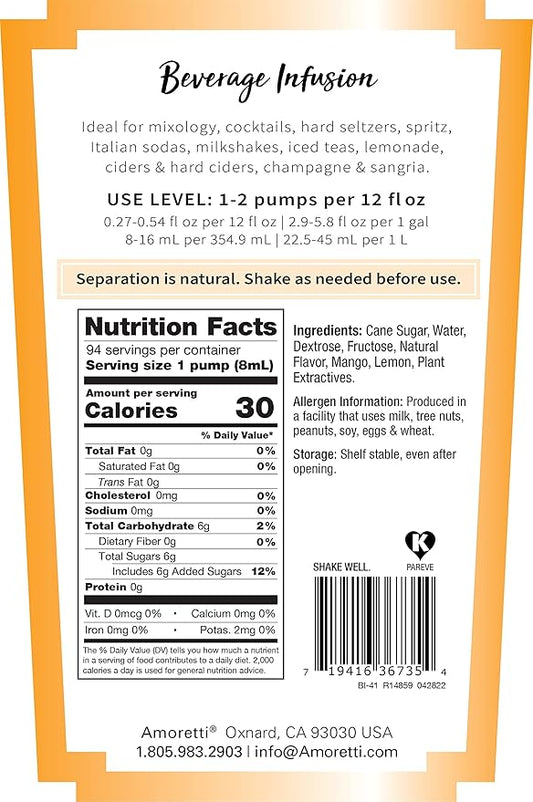 Amoretti - Mango Lemonade Beverage Infusion Drink Mix & Water Enhancer with Pump for Flavoring Cocktails, Waters, Teas, and other Beverages, 94 Servings Per Bottle (750 ml), Preservative Free