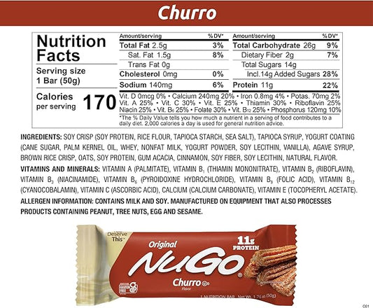 NuGo Protein Bar, Churro, 11g Protein, Gluten Free, 15 Count