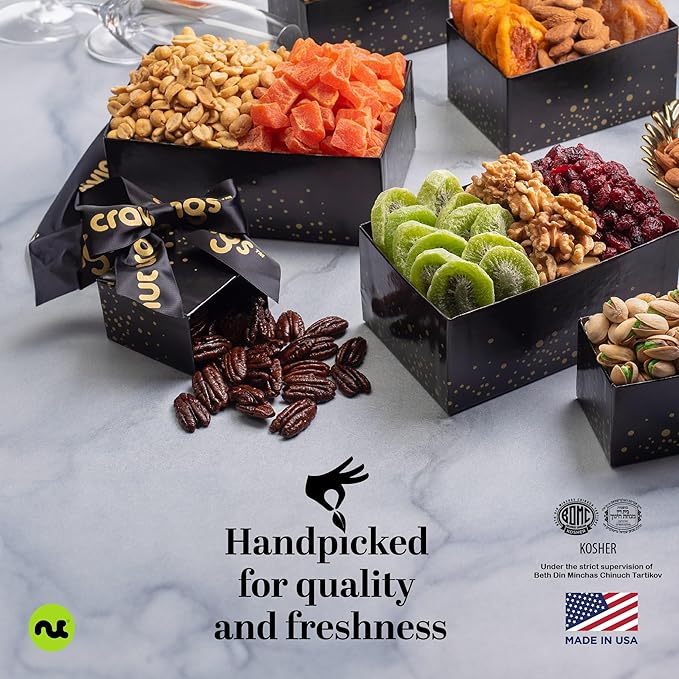 NUT CRAVINGS Gourmet Collection - Christmas Treats Tower Dried Fruit & Nuts Gift Basket with Happy Holiday Ribbon (12 Assortments) Food Arrangement, Healthy Snack Care Package, Food Assortments