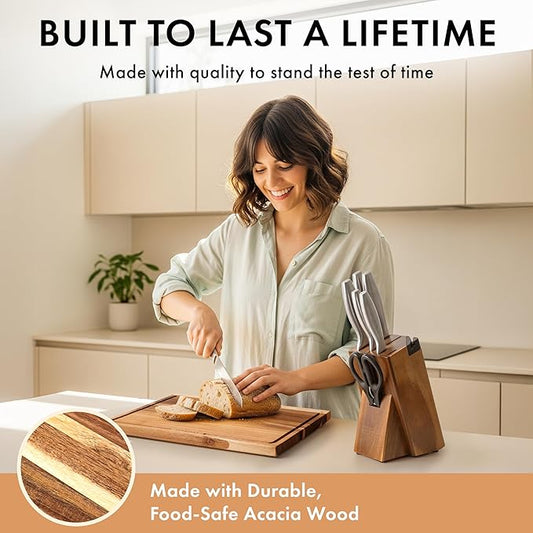 Acacia Wood Cutting Board for Kitchen, Non-Toxic Cutting Board Set of 3, Chopping Boards with Deep Juice Groove for Meat, Cheese & Vegetables - Durable & Double sided with serving Compartments