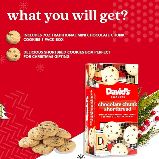 David's Cookies Mini Shortbread Chocolate Chunk Cookies 1 Pack - Traditional Scottish Style Butter Cookies, OU Kosher Certified, Decadent Gourmet Shortbread Cookie Snack Box for Tea, Coffee, & Gifting