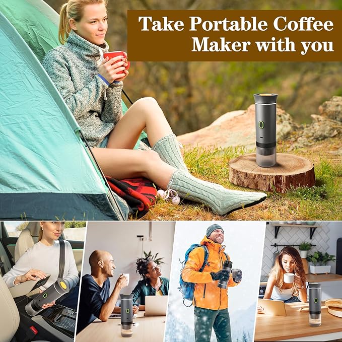 3-in-1 Portable Espresso Maker, Travel Coffee Maker, Self-Heating Car Coffee Maker with USB-C, Small Espresso Machine with Ground Coffee & Capsules (NS&DG) for RV, Hiking, Office (grey)