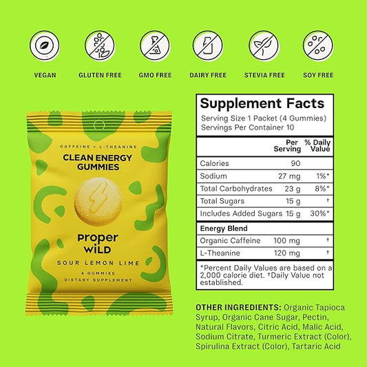 Proper Wild Vegan Energy Gummies with L-Theanine & Organic Caffeine, Clean Energy & Focus, Plant-Based Energy, Gluten-Free, Non-GMO, Dairy-Free, Stevia-Free, Soy-Free, Sour Lemon Lime (10-Pack)