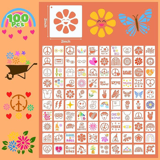Fainne 100 Pcs Stencils for Painting on Wood Reusable Stencil Crafts Drawing Templates Holiday Wall Paper for DIY Scrapbook Home 2 x 2 Inch (Groovy Party)