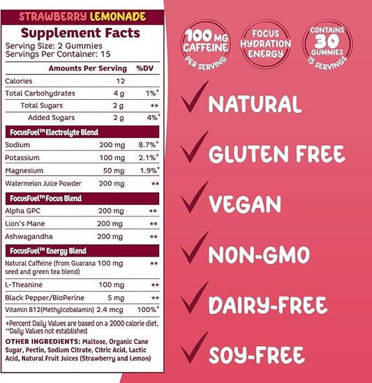 FocusFuel Energy Chews – Strawberry Lemonade Flavor (15 Servings) – 100mg Caffeine + Alpha GPC + L-Theanine + B12, Magnesium – Boost Focus & Energy – No Crash or Jitters