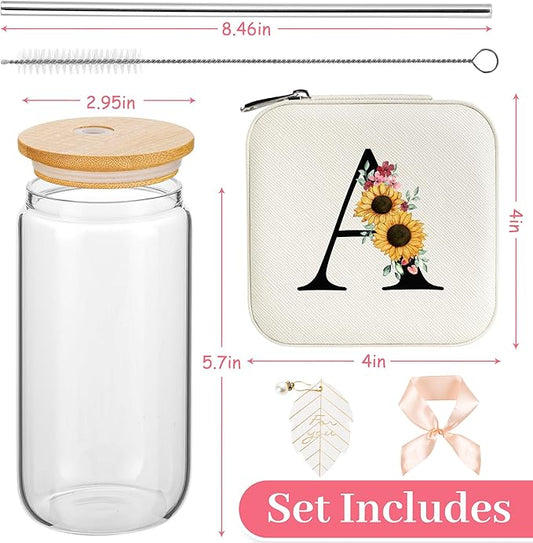 AYGXU Teacher appreciation gifts,Initial glass cup with initial Jewelry Box,Jewelry Case Organizer,iced coffee cups,Travel Gifts for Women Girls,Birthday Gifts,Initial A white
