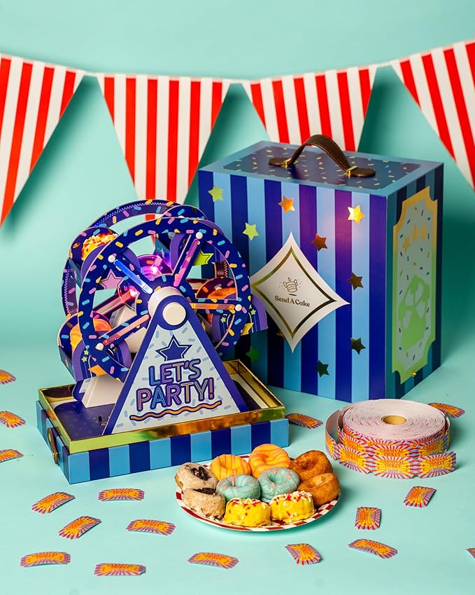 Party Time Mini Donut Ferris Wheel Box by Send A Cake โ Ready to Gift, No Assembly Needed โ 10 Mini Cake Donuts, Spins, Lights & Music โ Fun Birthday & Celebration Gift for Women, Men, Adults, Kids