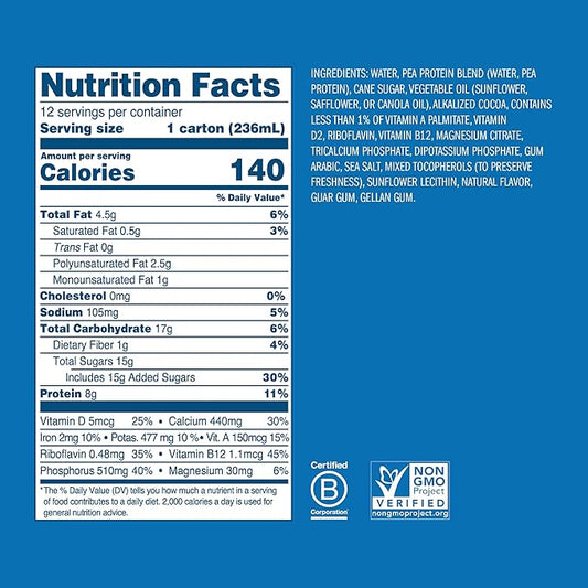 Ripple Non-Dairy Milk, Chocolate| Vegan Milk With 8g Pea Protein | Shelf Stable Single Serve Cartons | On-The-Go | Non-GMO, Plant Based, Gluten Free | 8 oz, 12 Pack