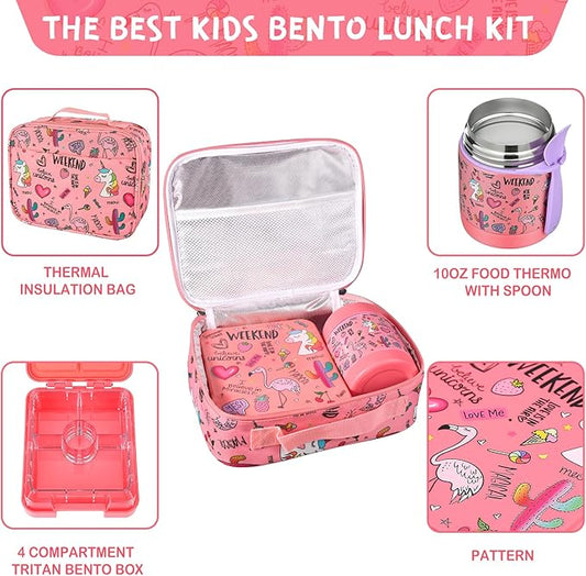 Bento Lunch Box Set With 10oz Soup Thermo, Leak-proof Lunch Containers with 4 Compartment, Kids Hot Thermo Food Jar/Insulation Lunch Bag, Food Containers for School(Flamingo)