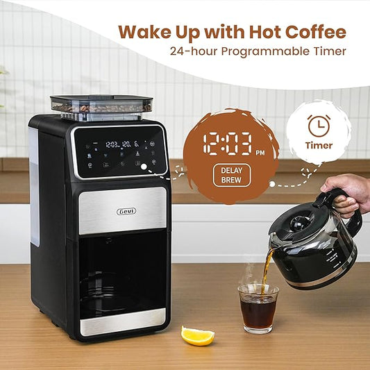 Gevi 10 Cup Drip Coffee Maker with Built-in Grinder, Grind & Brew Burr Combo Coffee Machine with Touch Screen, Programmable, 4-Hour Warm Plate, Permanent Filter, Coffee Carafe