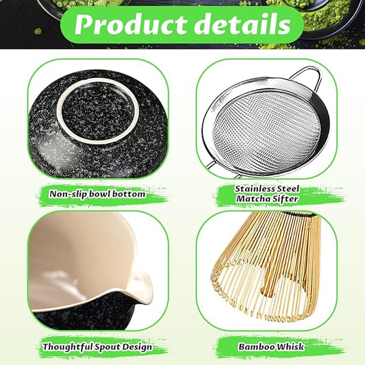 Matcha Set, 6 Pcs Matcha Whisk Set with 20 oz Bowl, Bamboo Whisk for Matcha Tea, Matcha Bowl, Ceramic Matcha whisk Holder, Stainless Sifter and Scoop - Gift for matcha kit Lovers(Black)