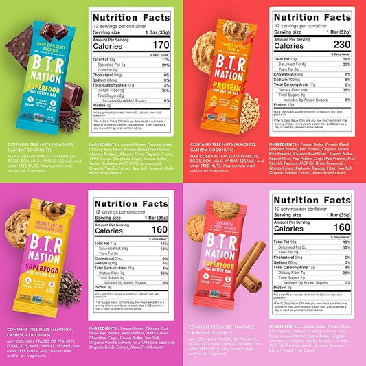 B.T.R. Nation Superfood Keto Protein Bar - Plant Based Vegan Protein | (12 Pack) Variety Pack | Low Carb Food, Low Calorie, Gluten Free, No Sugar Alcohols, Boosted with Superfoods