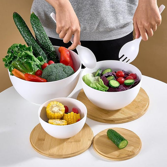 Large Salad Bowls with Bamboo Lids Set of 3, Mixing Nesting Bowls Round Serving Bowls with Servers for Salads, Kitchen Eating, Pastas, Popcorn, Chips, Trifle, Fruit, Food Prepare (White,10",8",6" )