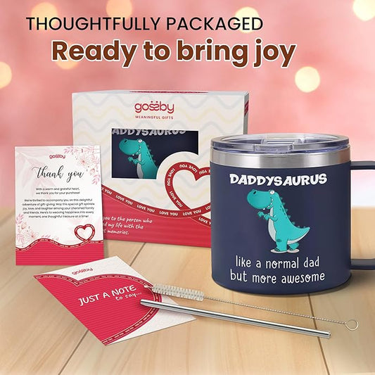 Gossby Gift for Dad - 14oz DADDYSAURYS Insulated Coffee Tumbler Mug - Father's Day, Christmas, Birthday Gift for Dad from Daughter, Son, Kid - Travel Cup with Lid and Straw
