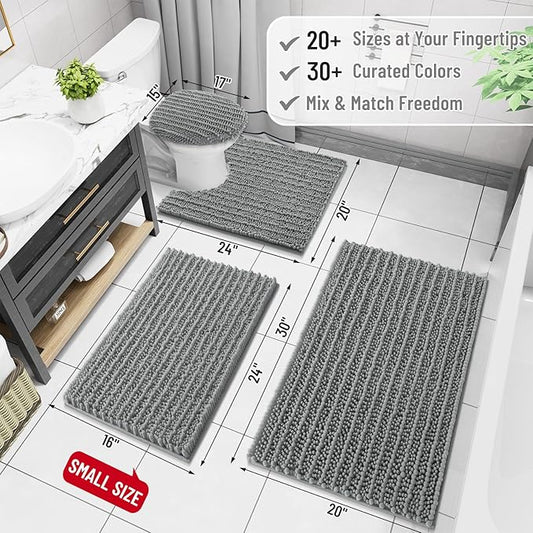 Arotive Luxury Chenille Bathroom Rug Mat, Extra Soft Thick Absorbent Shaggy Bath Rugs, Non-Slip Machine Wash Dry, Plush Bath Mats for Bathroom, Shower and Tub, 30x17, Grey